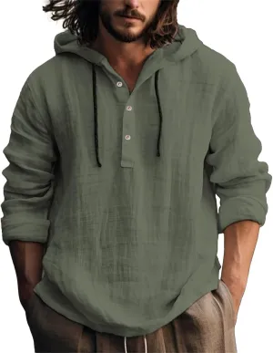 Summer Cotton and Linen Hoodies for Men Solid Fashion Lightweight Shirt Quarter Button V Neck Long Sleeve Drawstring Pullover