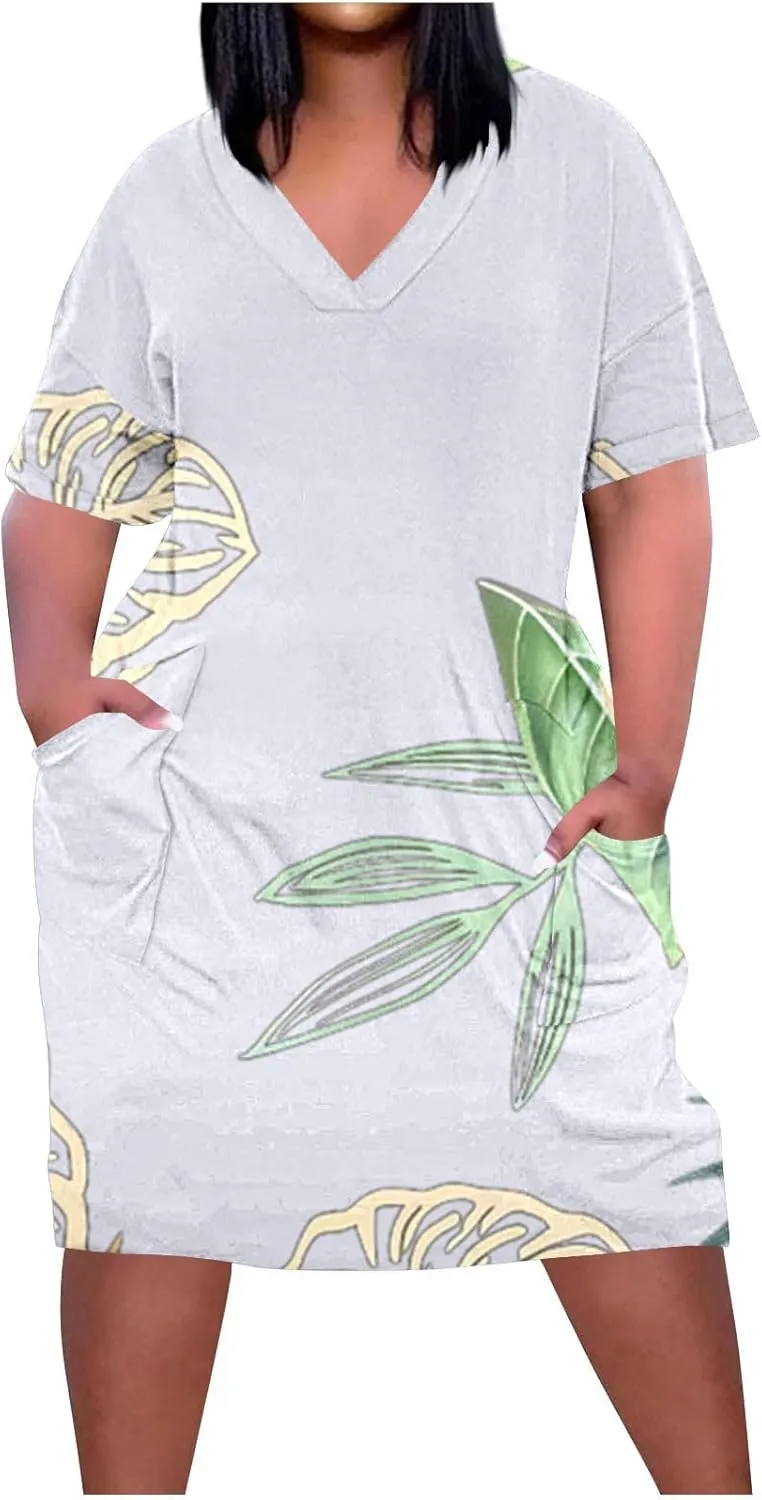 Summer Dress for Curvy Women Loose Short Sleeve Dress Casual V Neck Dress with Pockets Spring Wedding Guest Dresses