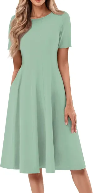 Summer Dresses for Women 2025 Beach Vacation Spring Clothes Short Sleeve Round Neck Fashion Midi Dress