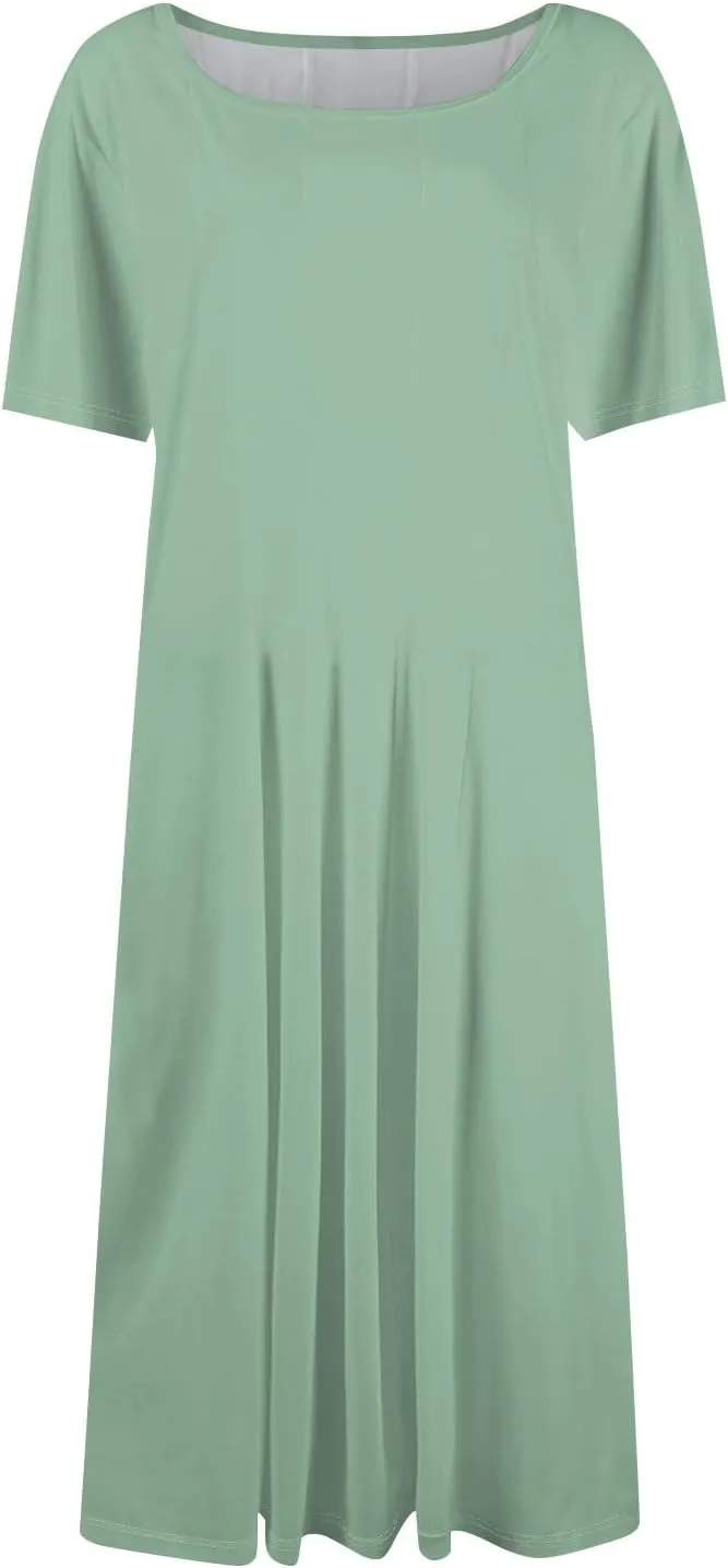 Summer Dresses for Women 2025 Beach Vacation Spring Clothes Short Sleeve Round Neck Fashion Midi Dress
