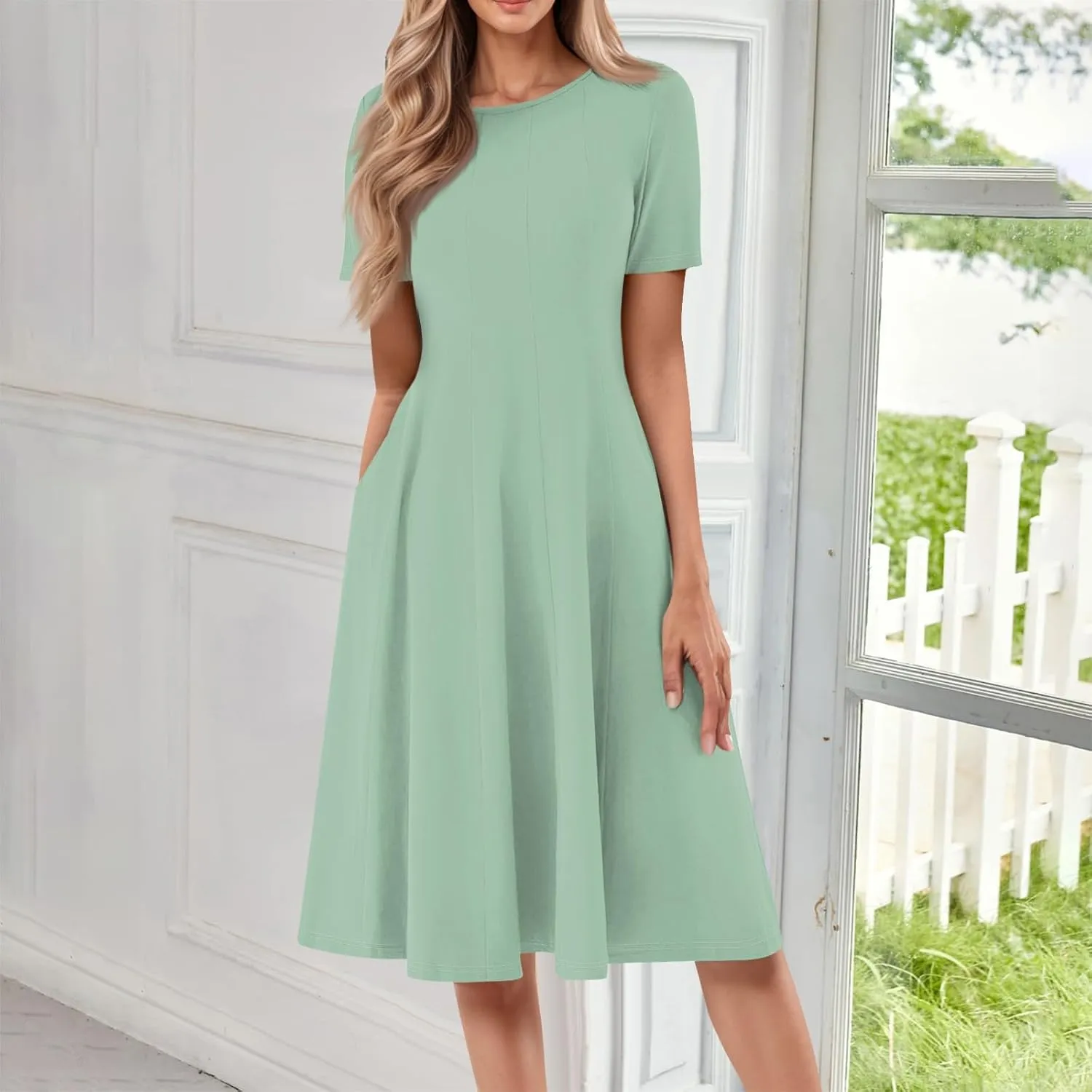 Summer Dresses for Women 2025 Beach Vacation Spring Clothes Short Sleeve Round Neck Fashion Midi Dress
