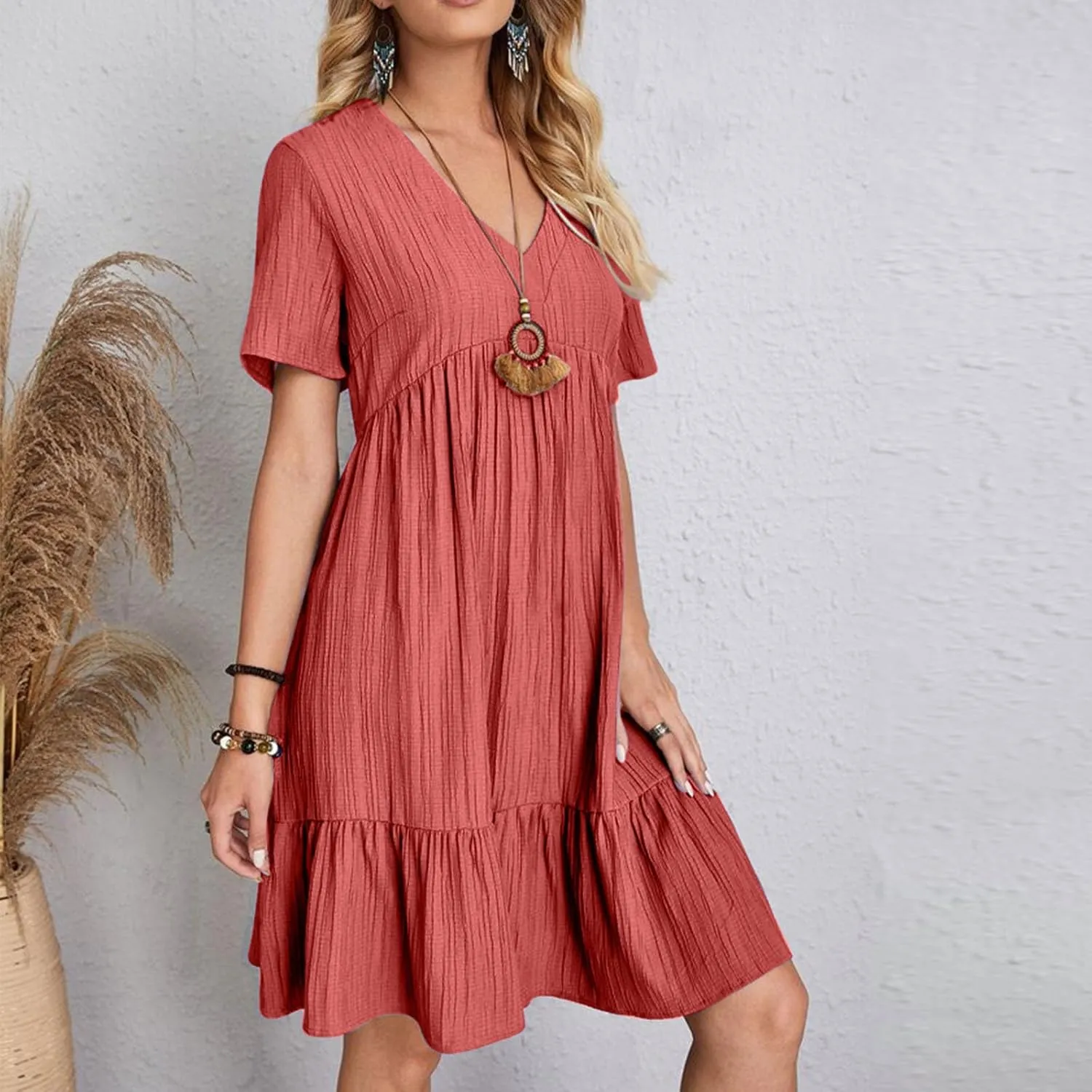 Summer Dresses for Women 2025 Casual Short Sleeve V Neck Sundress Ruffle Hem Smocked Swing Mini Dress Resort Wear