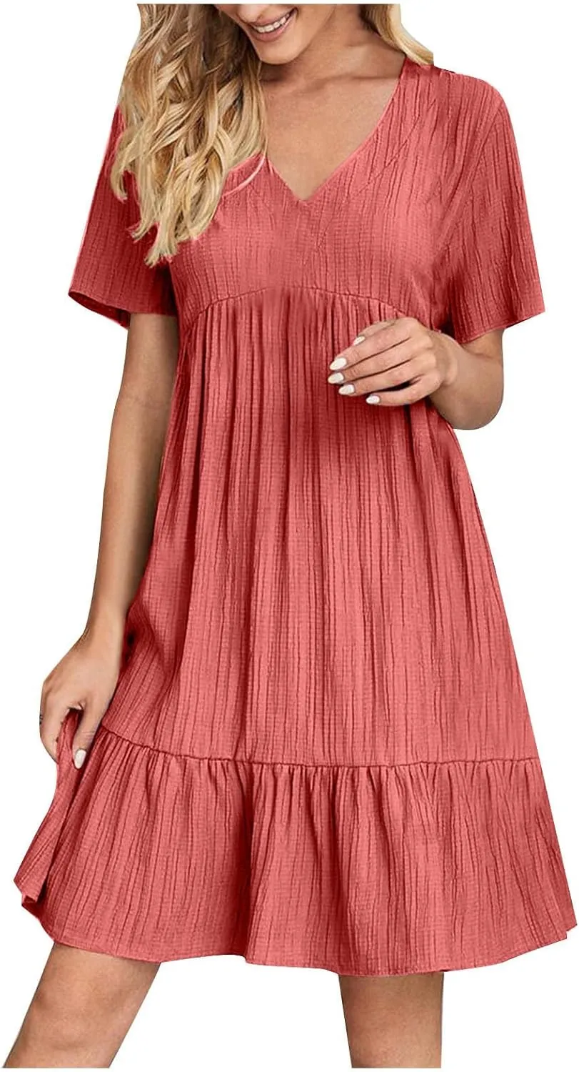Summer Dresses for Women 2025 Casual Short Sleeve V Neck Sundress Ruffle Hem Smocked Swing Mini Dress Resort Wear