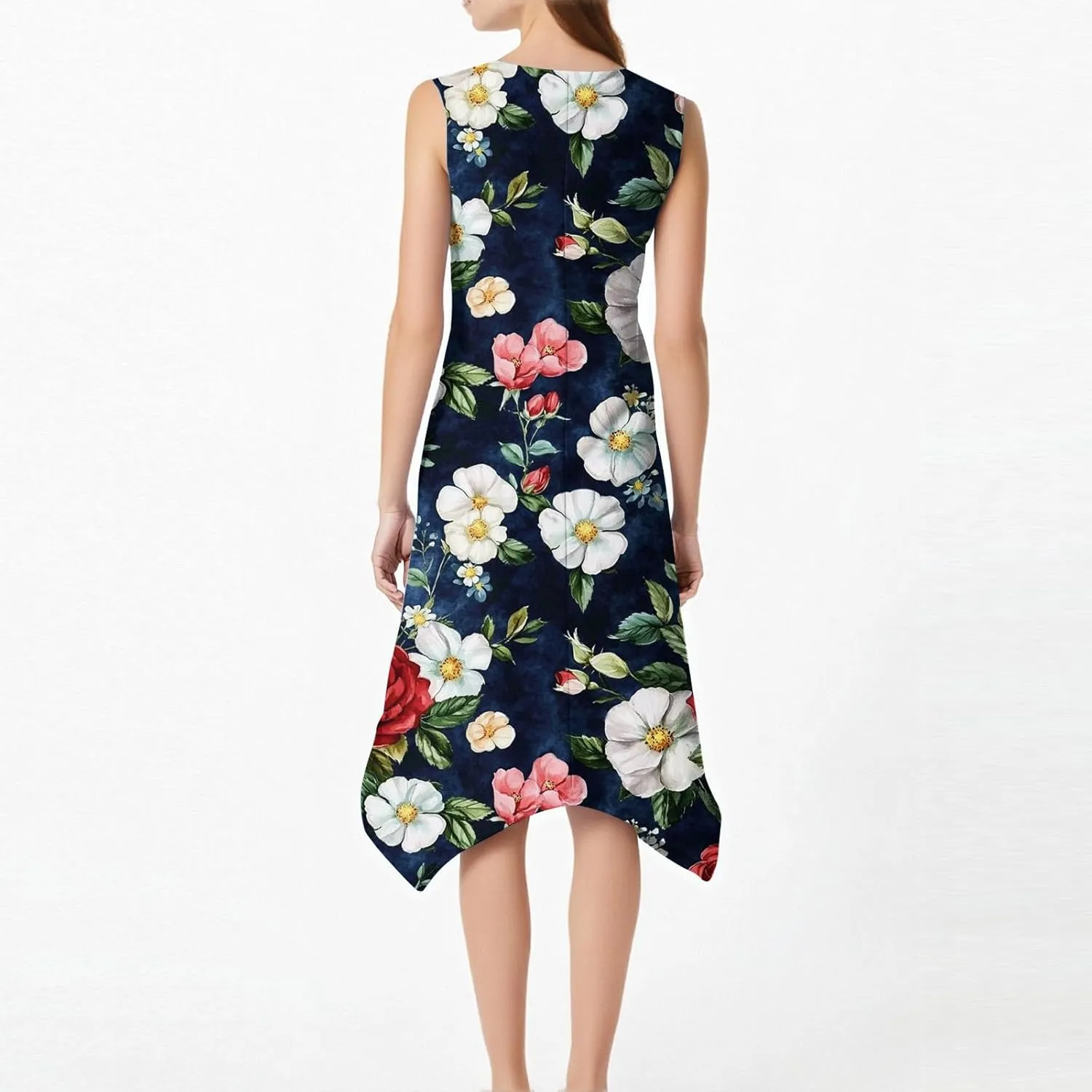 Summer Dresses for Women 2025 Fashion Round Neck Sleeveless Print Irregular Hem Tank Sundress Casual Beach Midi Dresses