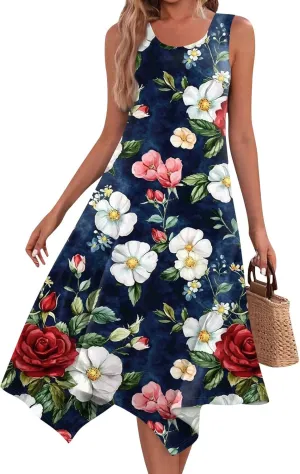 Summer Dresses for Women 2025 Fashion Round Neck Sleeveless Print Irregular Hem Tank Sundress Casual Beach Midi Dresses
