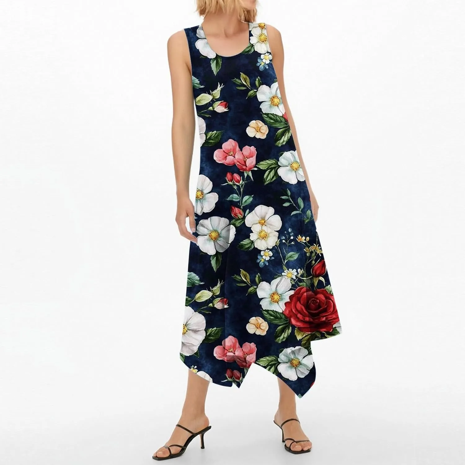 Summer Dresses for Women 2025 Fashion Round Neck Sleeveless Print Irregular Hem Tank Sundress Casual Beach Midi Dresses