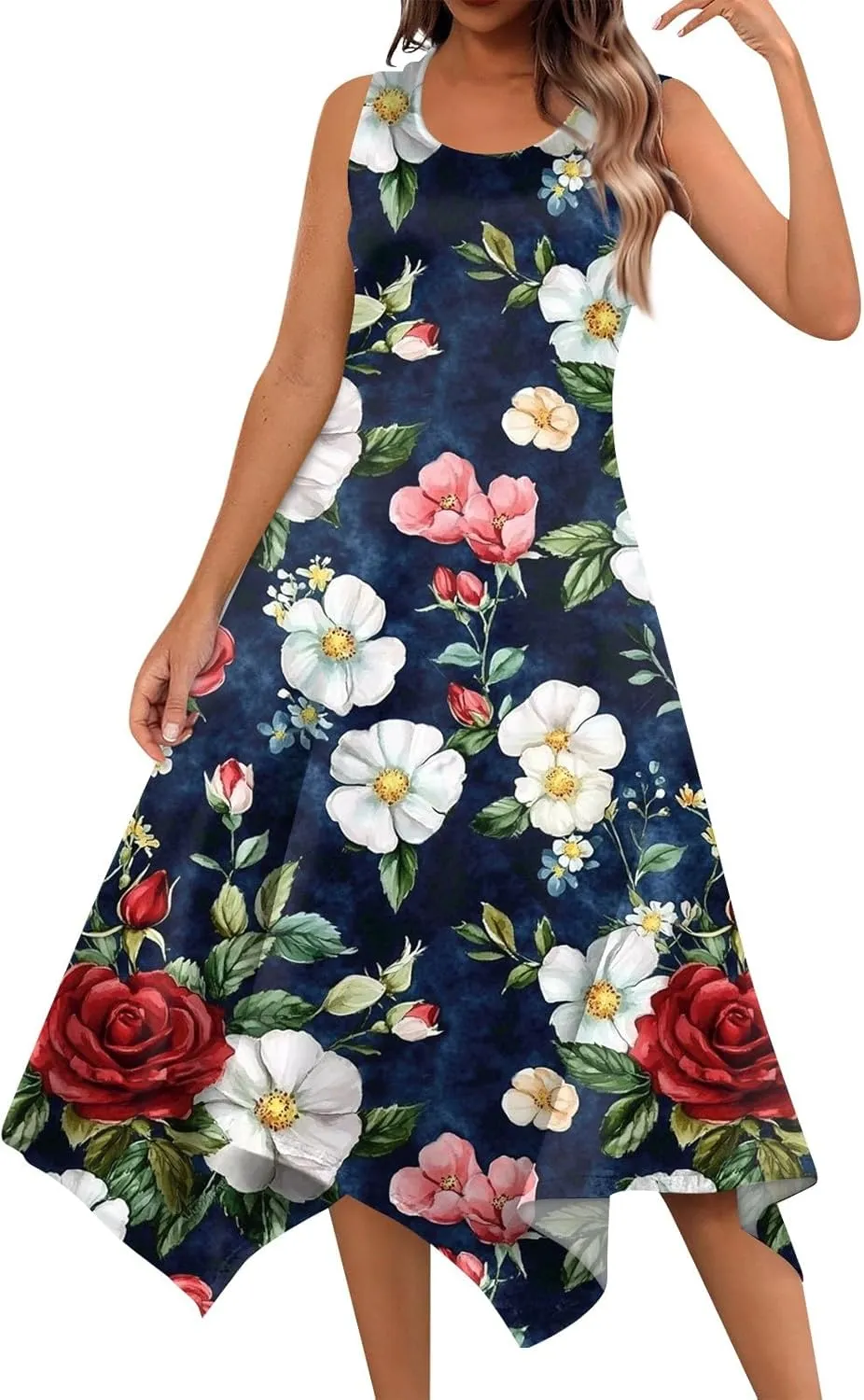 Summer Dresses for Women 2025 Fashion Round Neck Sleeveless Print Irregular Hem Tank Sundress Casual Beach Midi Dresses