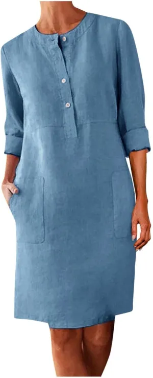 Summer Dresses for Women Fashion Casual Button Down Denim Midi Dress Short Sleeve Collar Trendy Spring Clothes S-3XL
