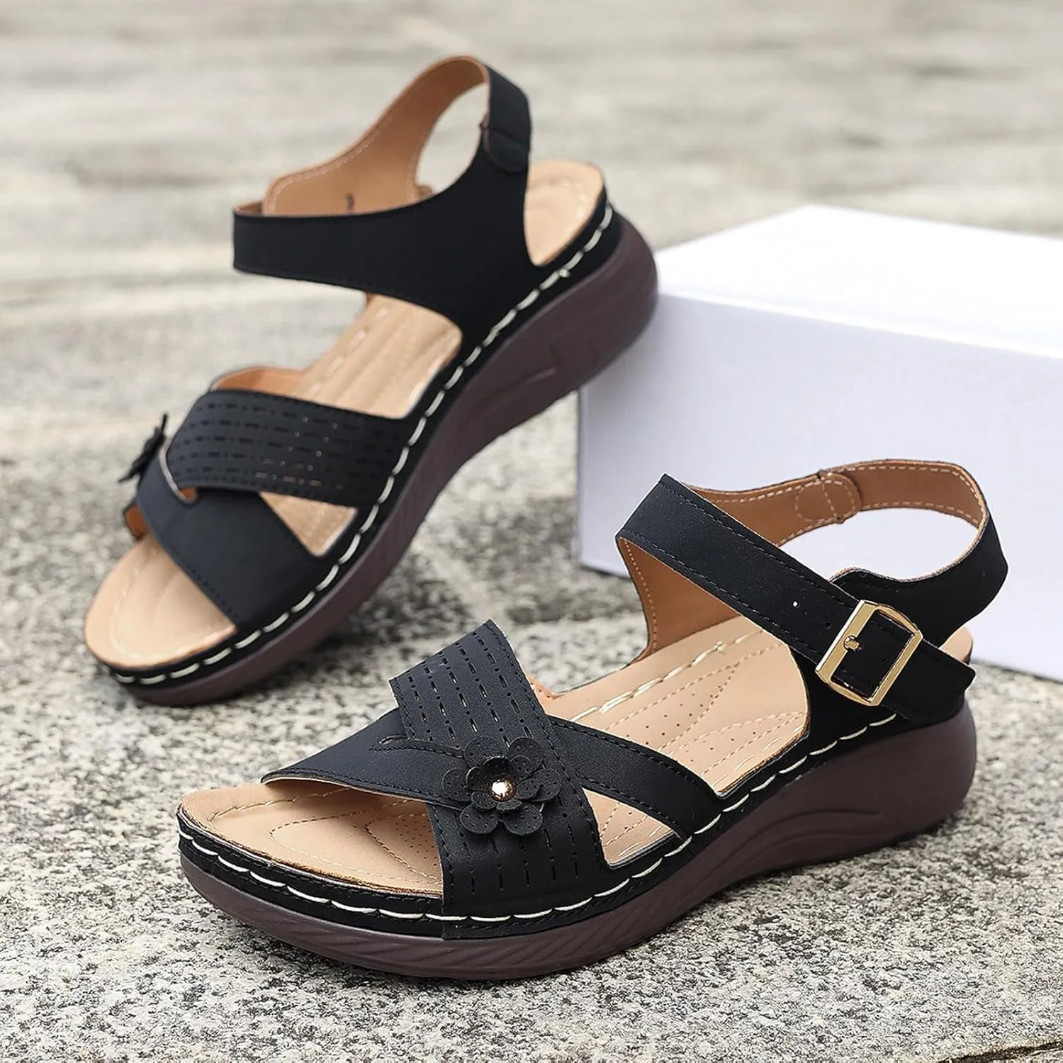 Summer Sandals for Women 2025 Dressy Comfortable Walking with Arch Support Wedge Soft Beach Flat Dressy Flats Open Toe Ankle Strap Shoes Orthotic Orthopedic Shoes Sandal Wedges - Casual Platform