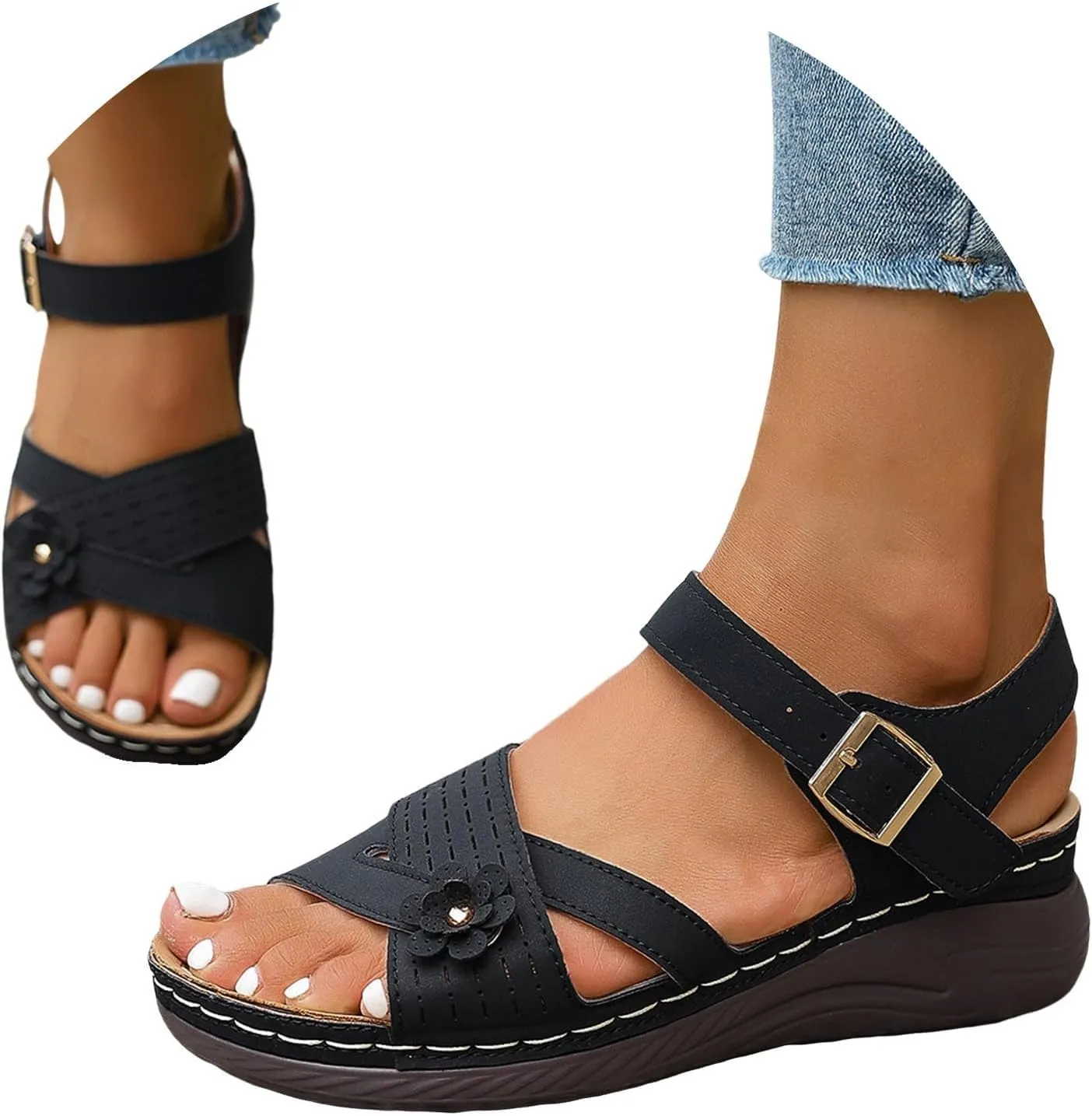 Summer Sandals for Women 2025 Dressy Comfortable Walking with Arch Support Wedge Soft Beach Flat Dressy Flats Open Toe Ankle Strap Shoes Orthotic Orthopedic Shoes Sandal Wedges - Casual Platform