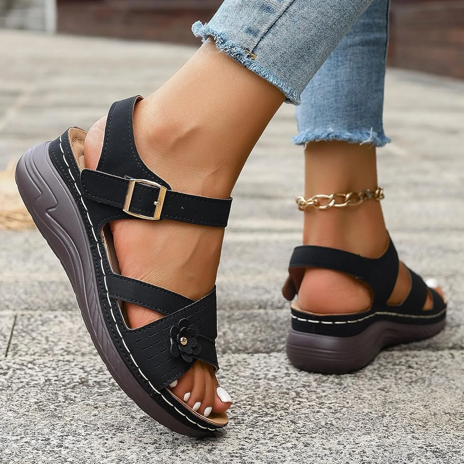 Summer Sandals for Women 2025 Dressy Comfortable Walking with Arch Support Wedge Soft Beach Flat Dressy Flats Open Toe Ankle Strap Shoes Orthotic Orthopedic Shoes Sandal Wedges - Casual Platform
