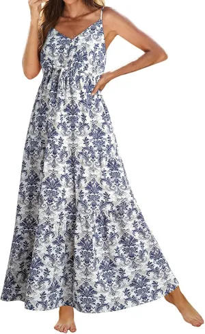 Sundresses for Women 2025 Sexy V Neck Sleeveless Floral Print Maxi Dress Stylish Casual Bohemian Summer Beach Dresses
