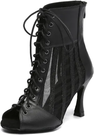 SWDZM Women's Open-toe Ballroom Latin Salsa Dance Shoes with Mesh Lace-up Ankle Dance Boots,Model L571