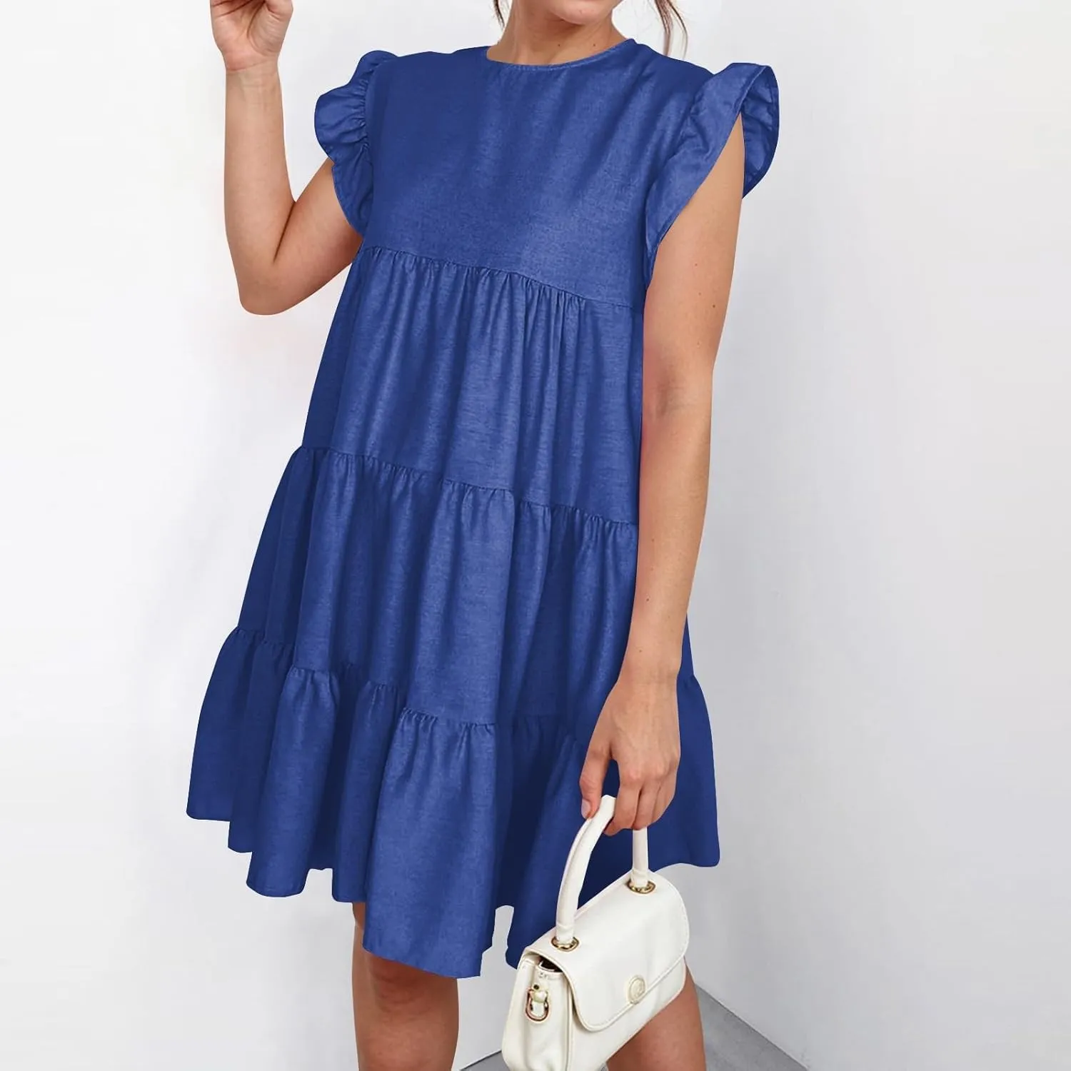 Tshirt Dress Women Cute Summer Ruffle Cap Sleeve Empire Waist Patchwork Fit and Flare Dress Short Mini Sundress