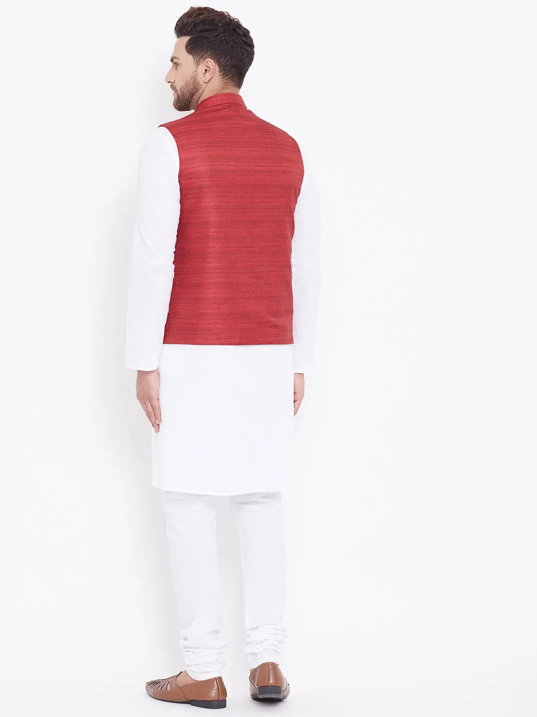 VASTRAMAY Men's Maroon and White Kurta Set