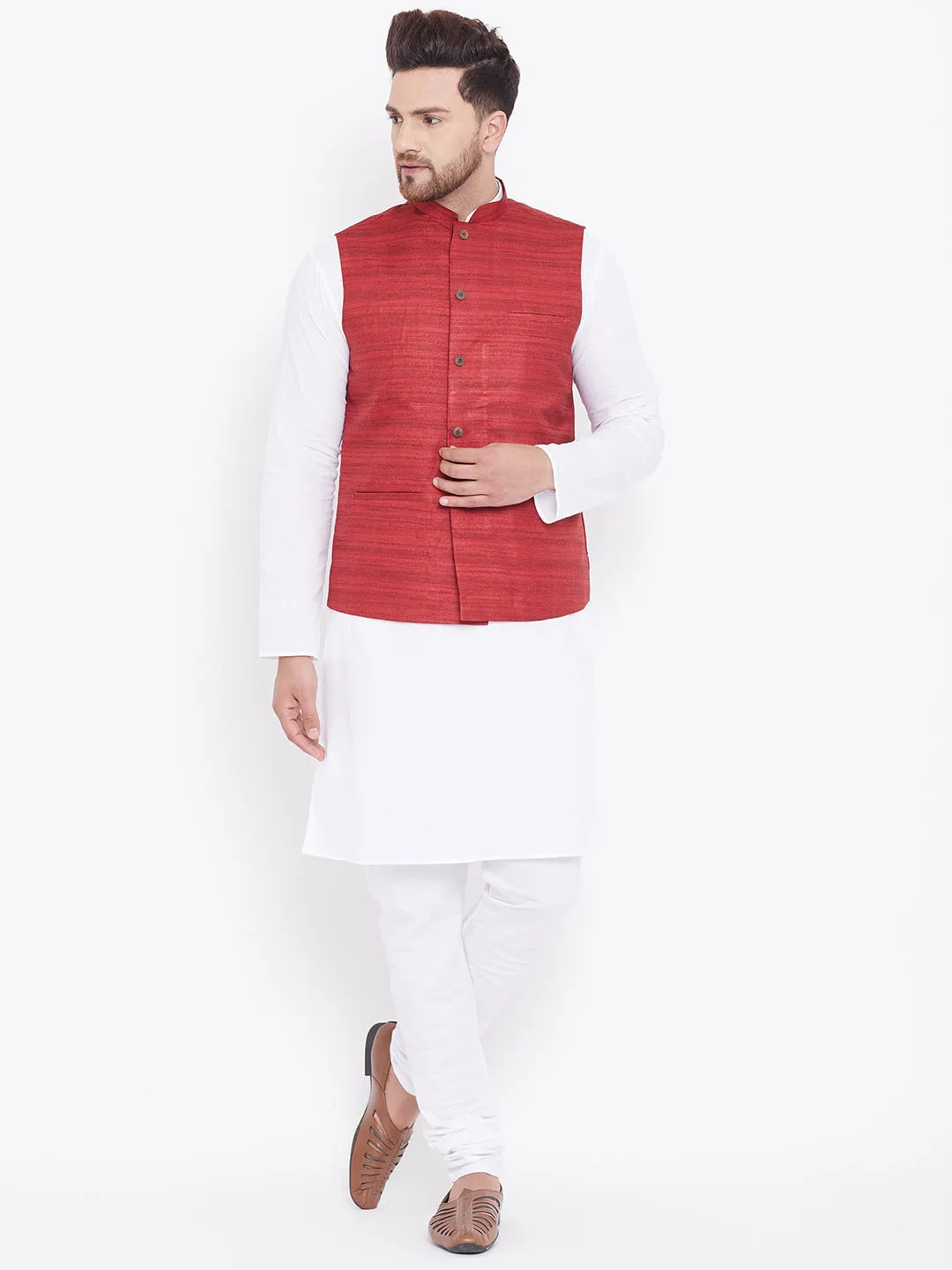 VASTRAMAY Men's Maroon and White Kurta Set