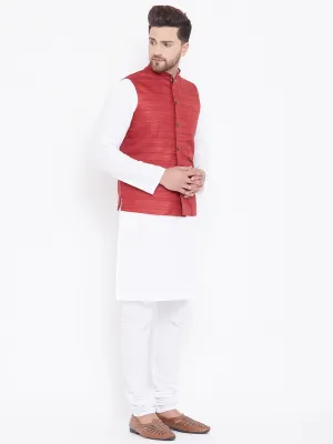 VASTRAMAY Men's Maroon and White Kurta Set