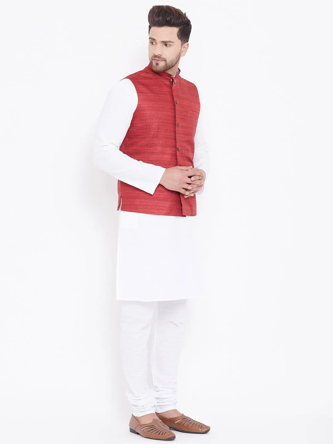 VASTRAMAY Men's Maroon and White Kurta Set