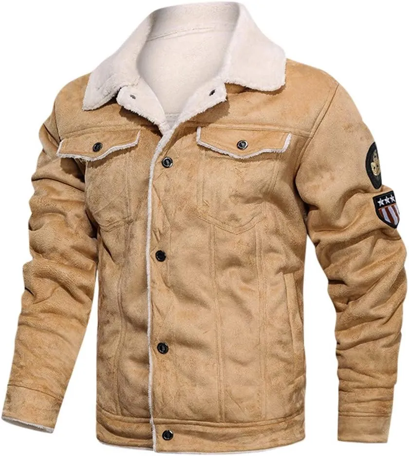 Vintage Jackets Mens Faux Suede Sherpa Lined Jackets Winter Warm Turn-Down Collar Thicken Coats Casual Cargo Jackets