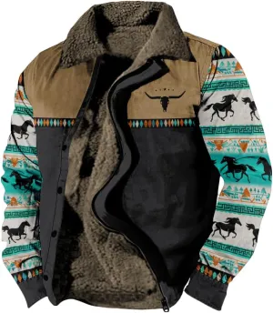 Western Aztec Jackets for Men Fleece Cowboy Shirt Jackets Cow Skull Graphic Coats Long Sleeve Jackets with Pocket