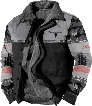 Western Aztec Jackets for Men Fleece Cowboy Shirt Jackets Cow Skull Graphic Coats Long Sleeve Jackets with Pocket