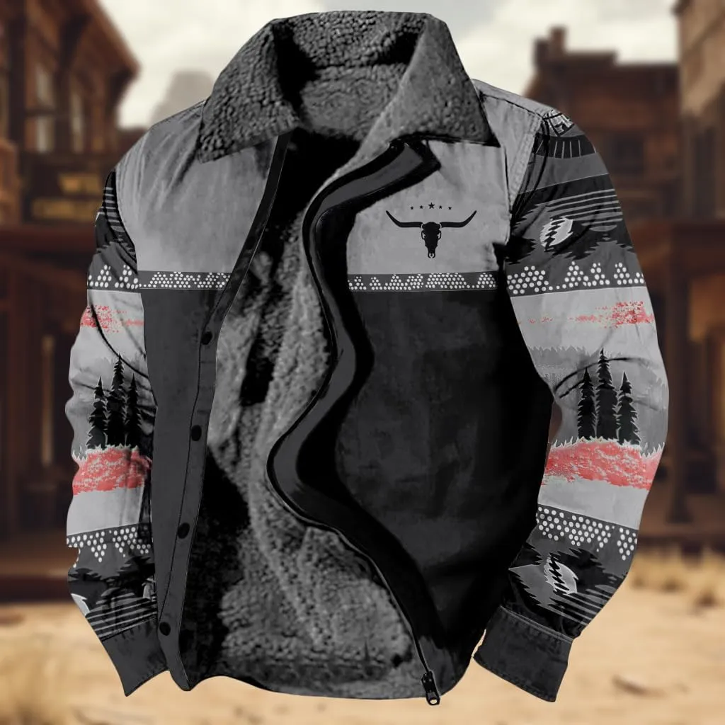 Western Aztec Jackets for Men Fleece Cowboy Shirt Jackets Cow Skull Graphic Coats Long Sleeve Jackets with Pocket