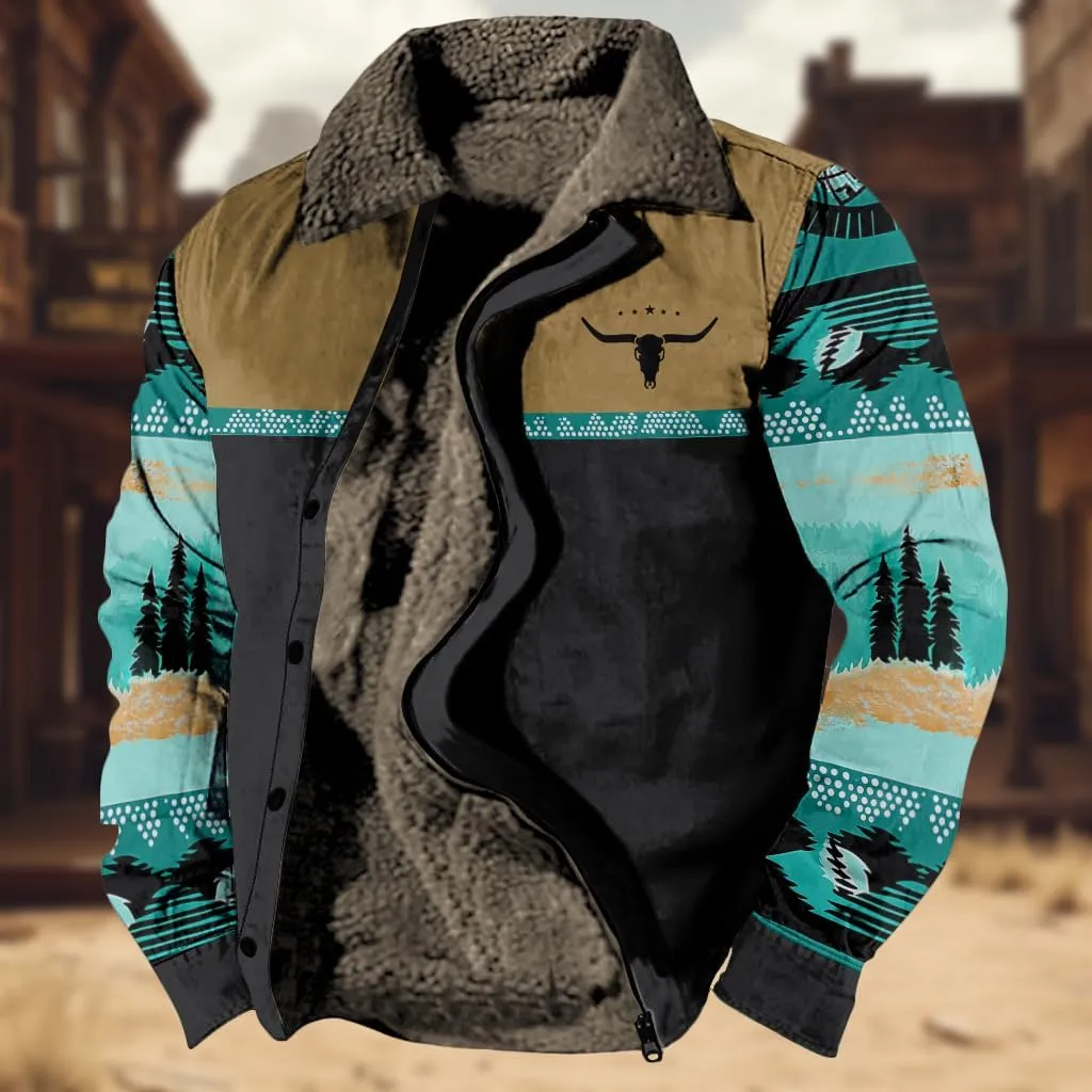 Western Aztec Jackets for Men Fleece Cowboy Shirt Jackets Cow Skull Graphic Coats Long Sleeve Jackets with Pocket