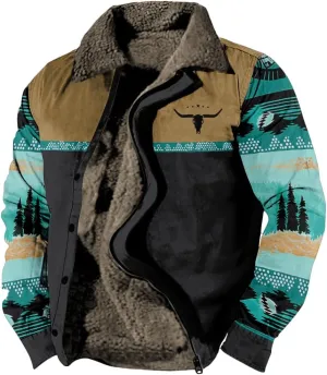 Western Aztec Jackets for Men Fleece Cowboy Shirt Jackets Cow Skull Graphic Coats Long Sleeve Jackets with Pocket
