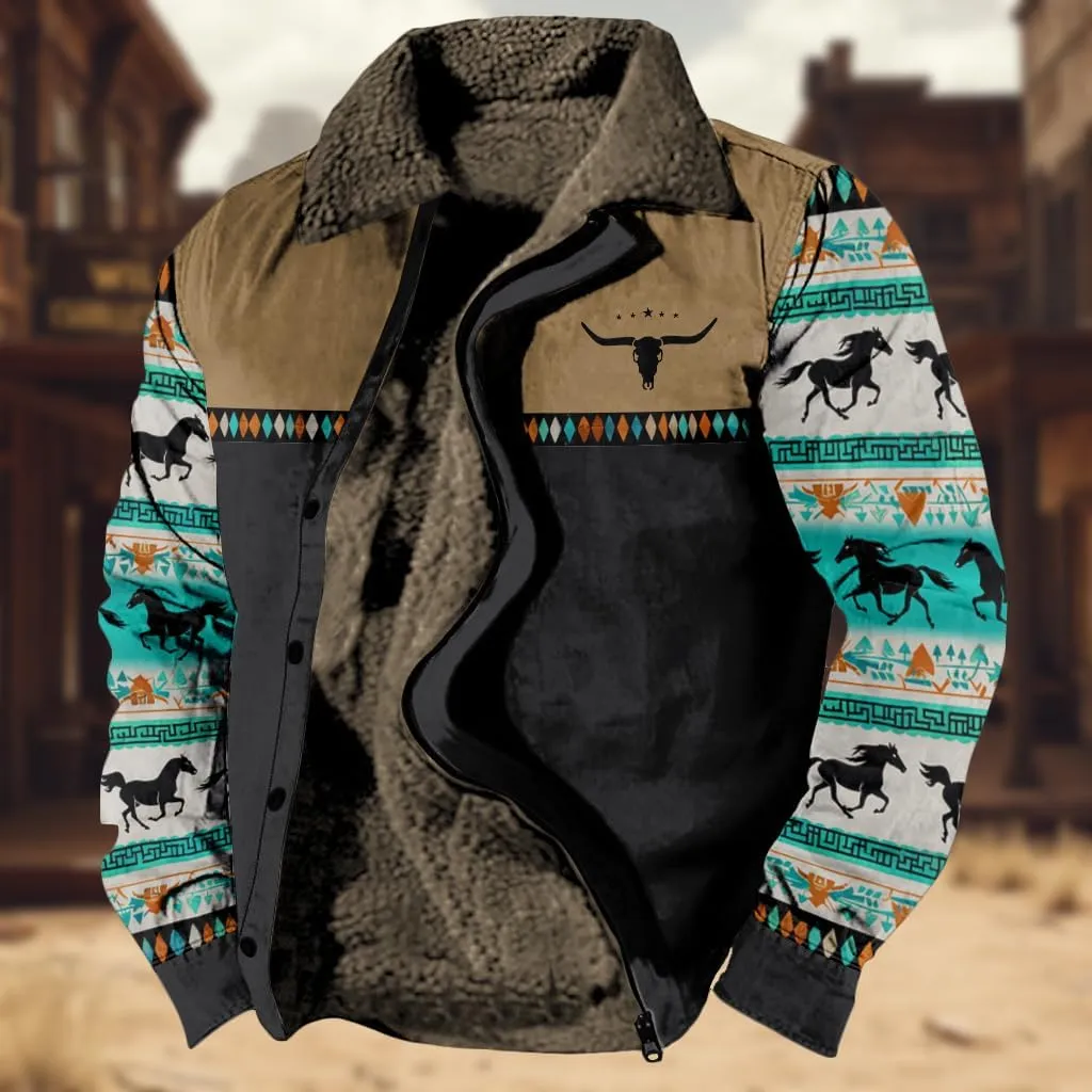 Western Aztec Jackets for Men Fleece Cowboy Shirt Jackets Cow Skull Graphic Coats Long Sleeve Jackets with Pocket