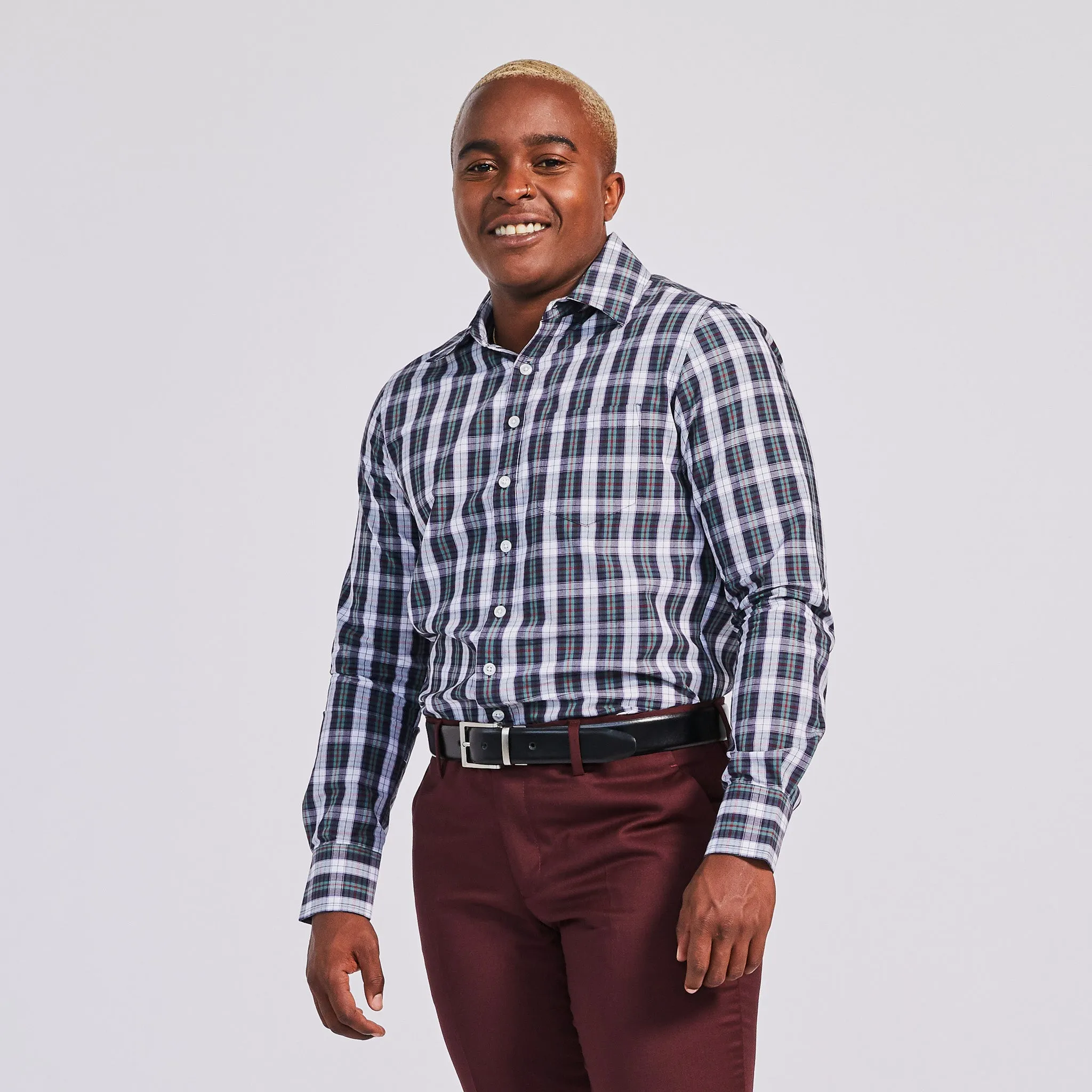 White and Green Plaid Point Collar Shirt