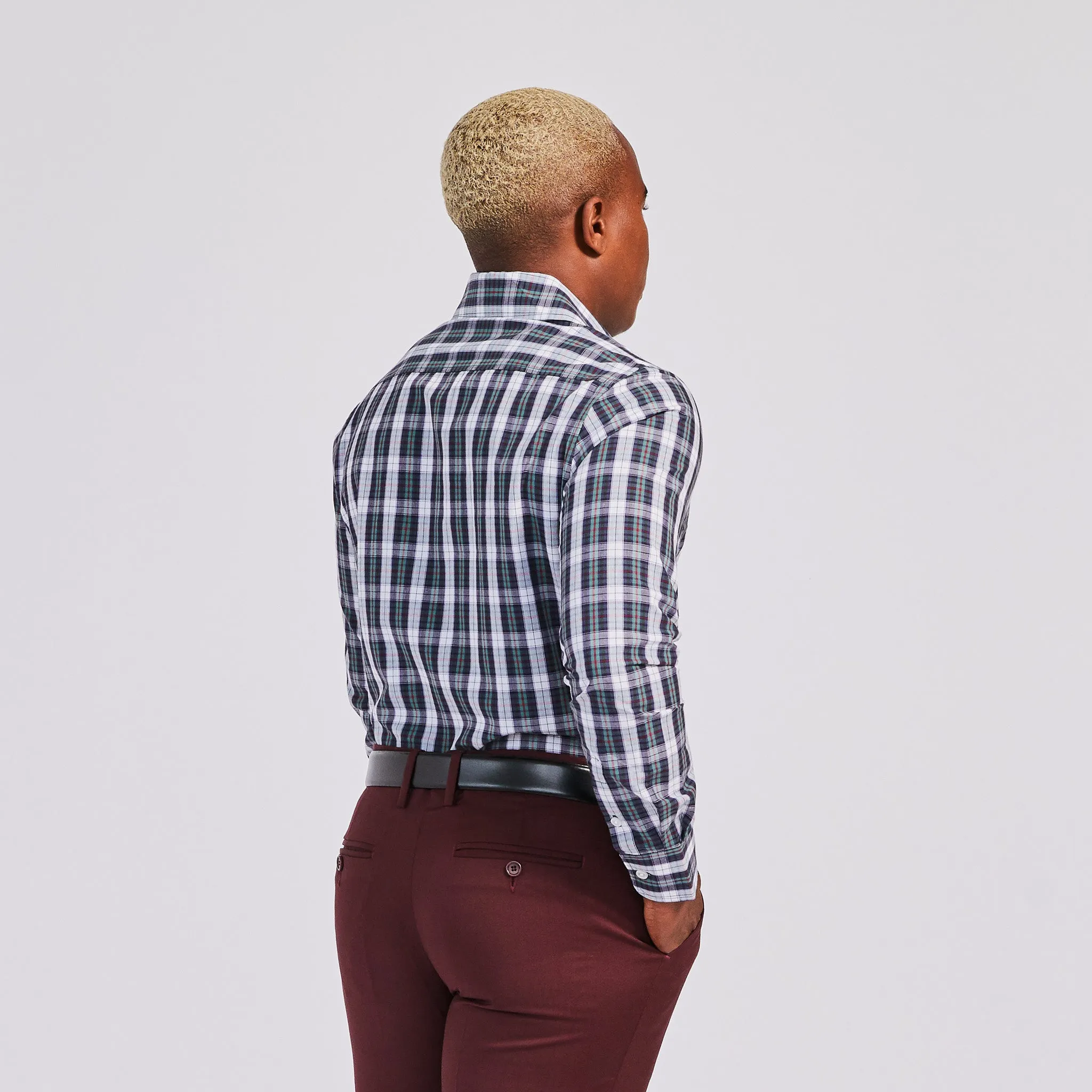White and Green Plaid Point Collar Shirt