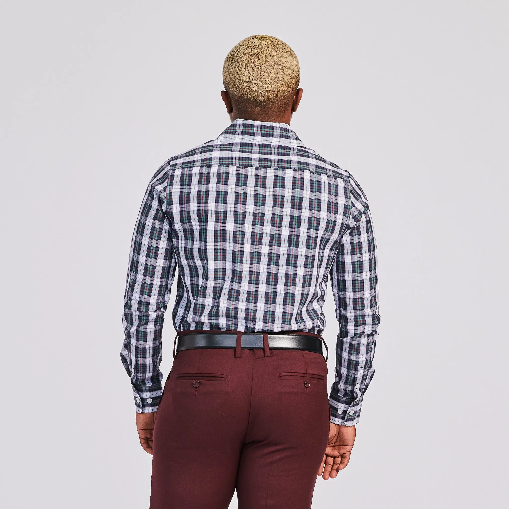 White and Green Plaid Point Collar Shirt