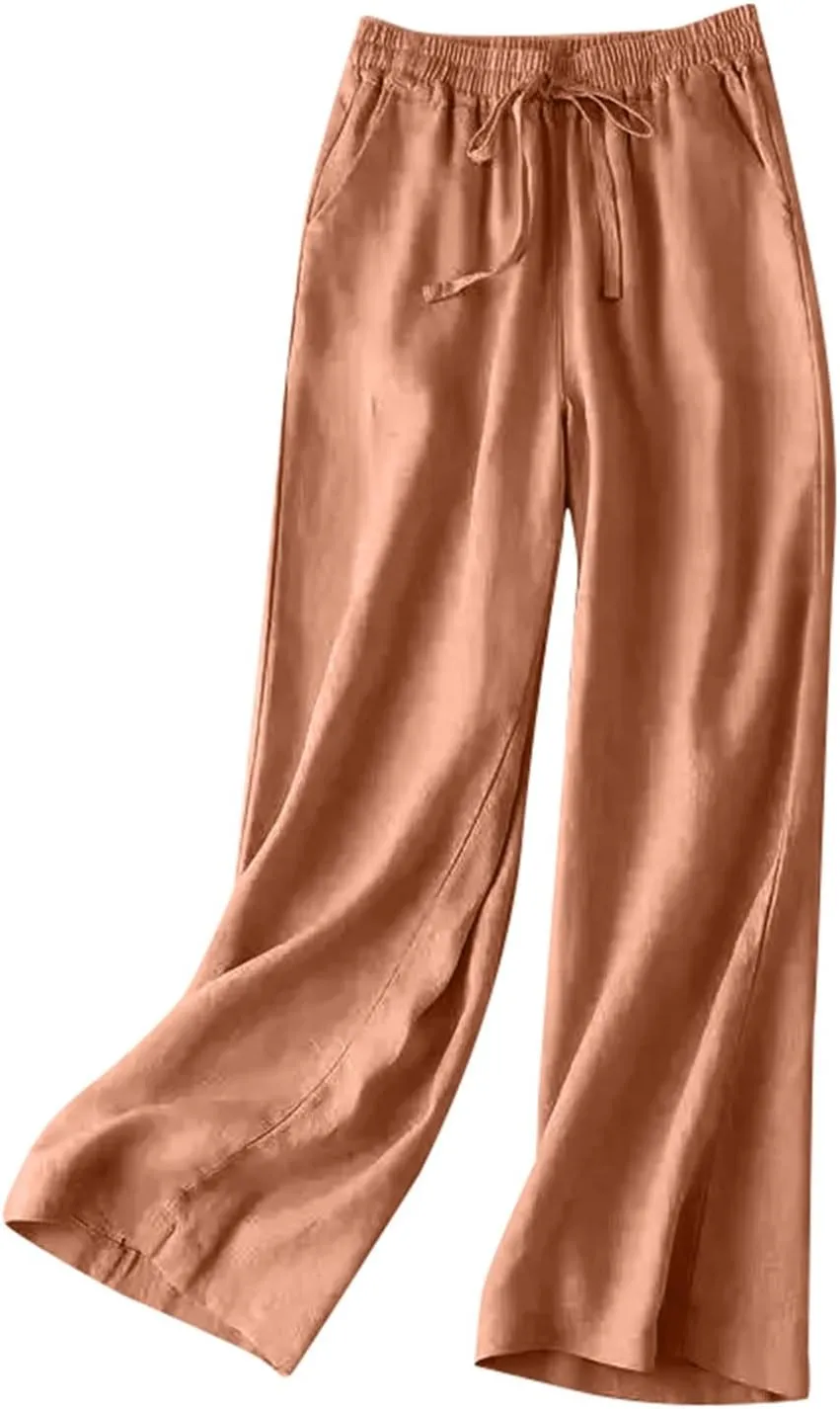 Wide Leg Pants for Women, Straight Leg Drawstring Linen Pants Wide High