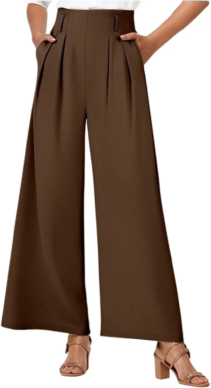 Wide Leg Work Pants Women Stretchy High Waist Slacks Business Office Dressy Casual Flowy Palazzo Trouser with Pockets