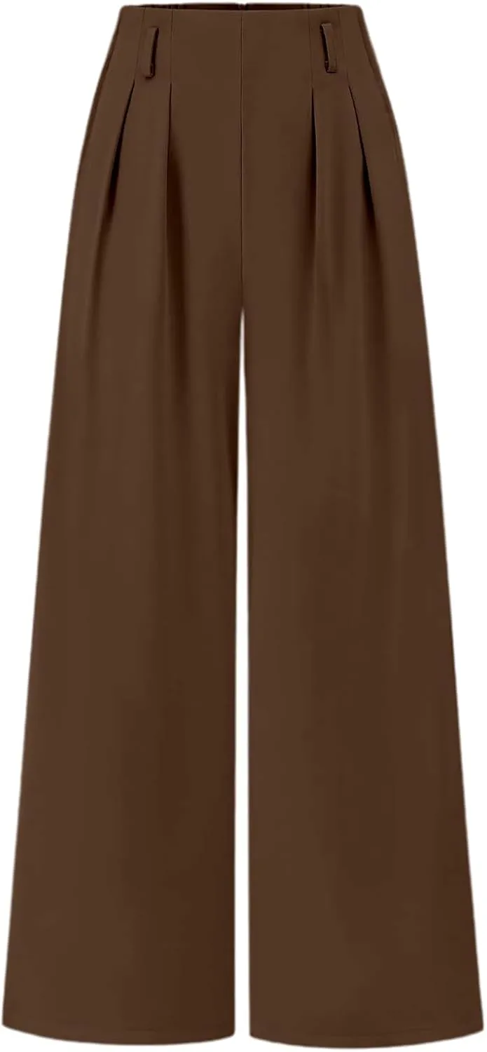 Wide Leg Work Pants Women Stretchy High Waist Slacks Business Office Dressy Casual Flowy Palazzo Trouser with Pockets