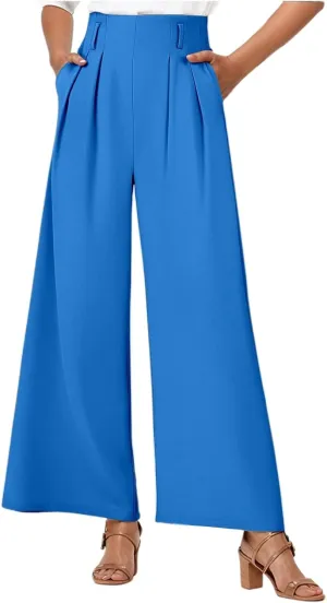 Wide Leg Work Pants Women Stretchy High Waist Slacks Business Office Dressy Casual Flowy Palazzo Trouser with Pockets