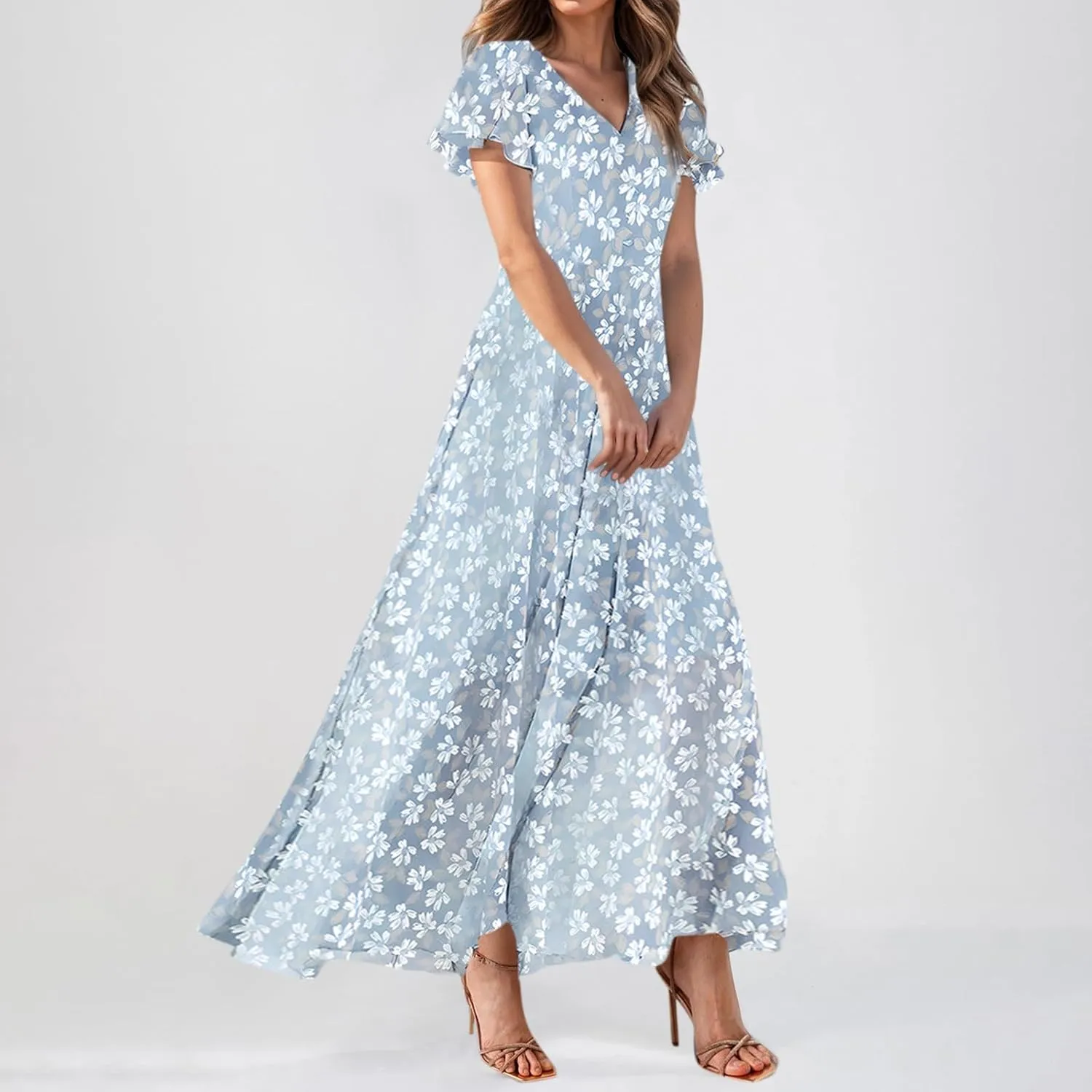 Women Floral Maxi Dress V Neck Flutter Sleeve Long Flowy Chiffon Dresses Casual Summer A Line Beach Vacation Dresses