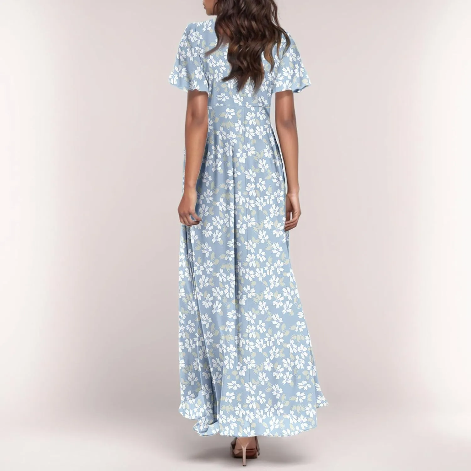 Women Floral Maxi Dress V Neck Flutter Sleeve Long Flowy Chiffon Dresses Casual Summer A Line Beach Vacation Dresses