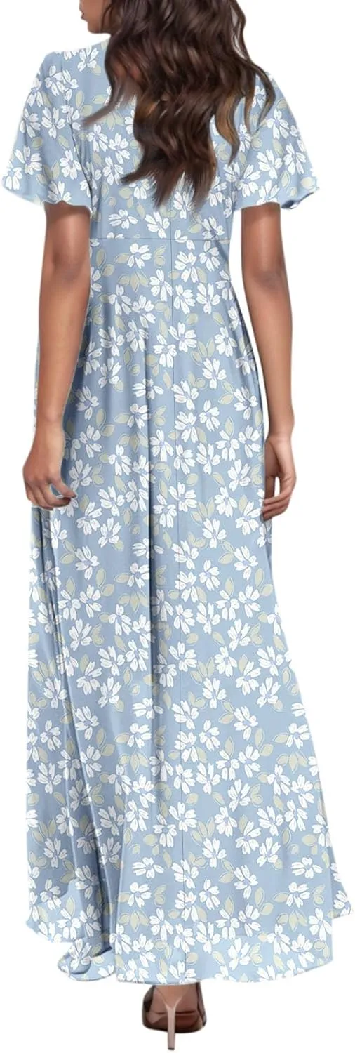 Women Floral Maxi Dress V Neck Flutter Sleeve Long Flowy Chiffon Dresses Casual Summer A Line Beach Vacation Dresses