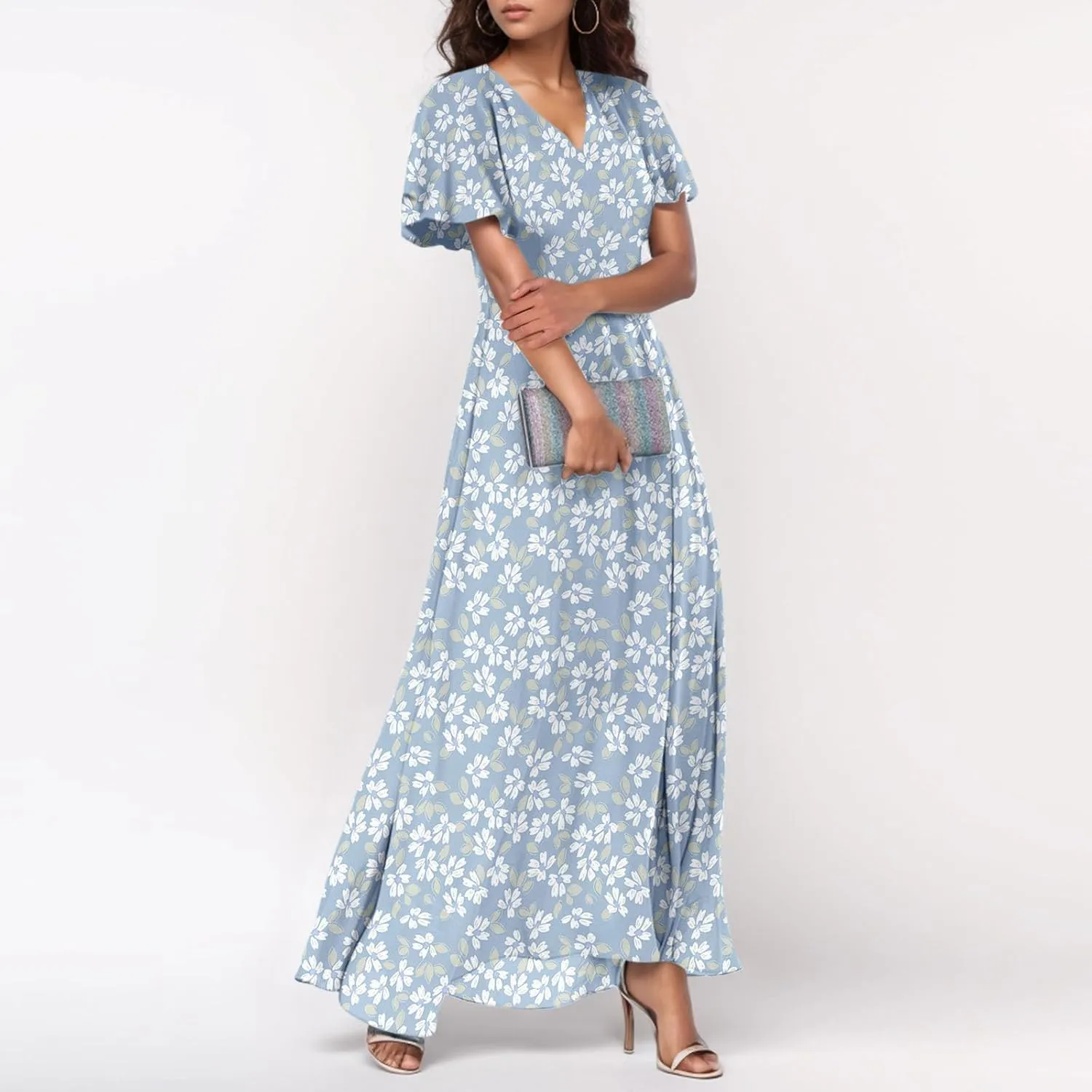 Women Floral Maxi Dress V Neck Flutter Sleeve Long Flowy Chiffon Dresses Casual Summer A Line Beach Vacation Dresses