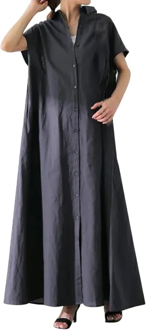 Women Linen Dresses Short Sleeve V Neck Long Dress Irregular Hem Casual Summer Cotton Linen Dress Fashion Maxi Dress