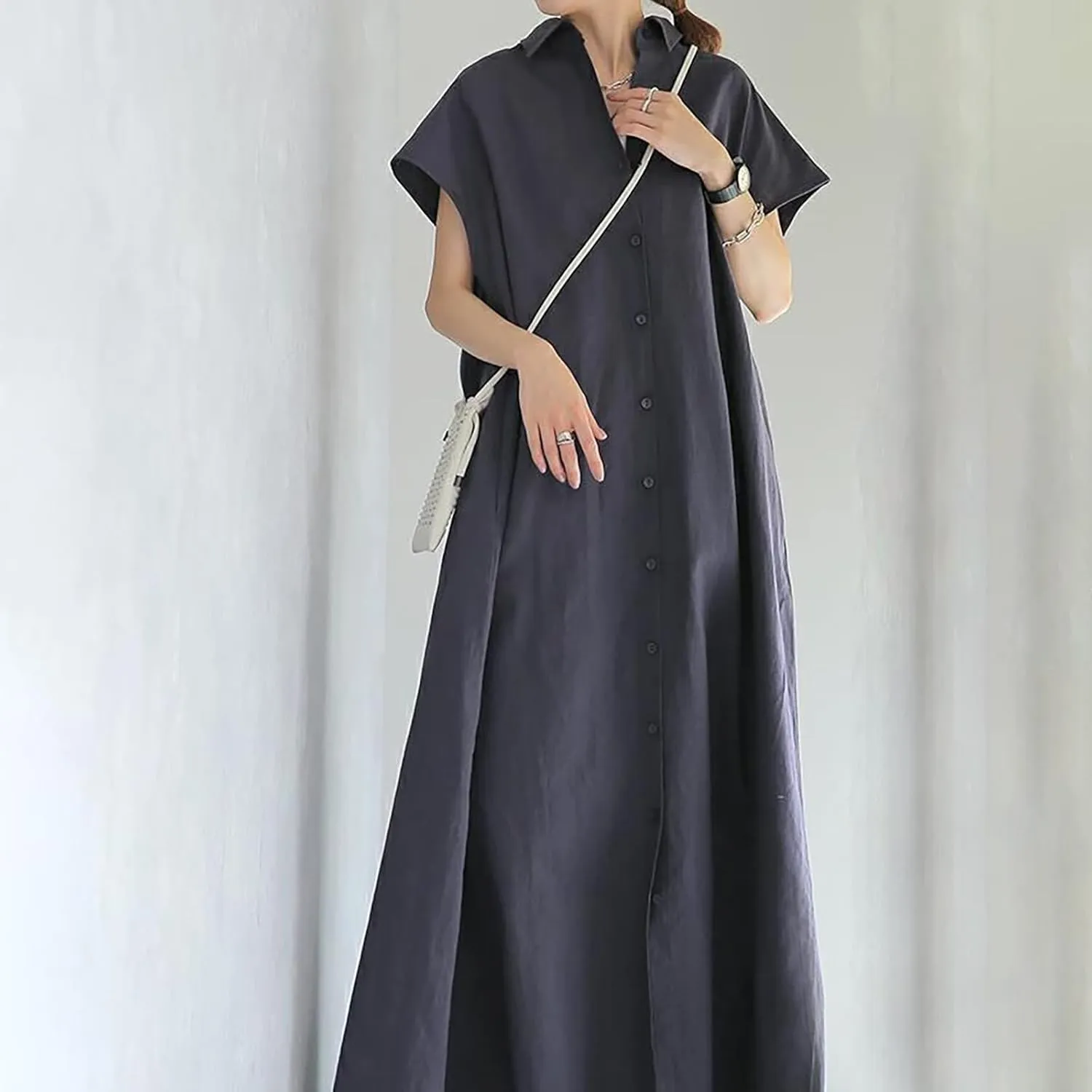Women Linen Dresses Short Sleeve V Neck Long Dress Irregular Hem Casual Summer Cotton Linen Dress Fashion Maxi Dress