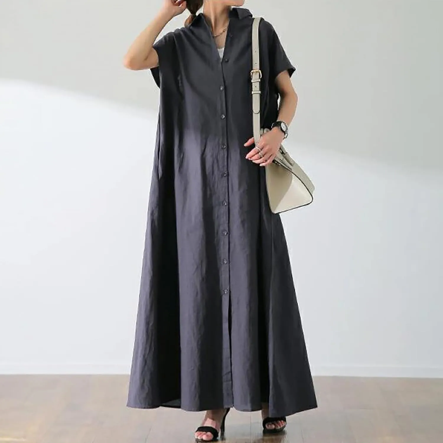 Women Linen Dresses Short Sleeve V Neck Long Dress Irregular Hem Casual Summer Cotton Linen Dress Fashion Maxi Dress