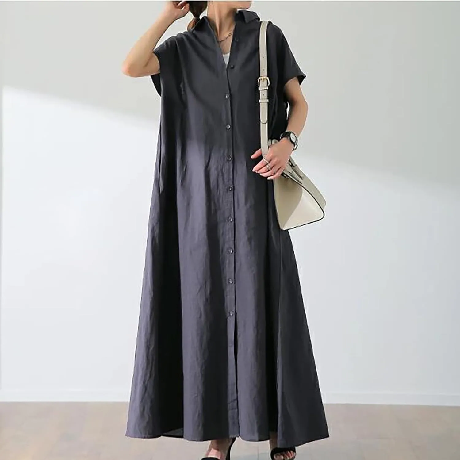 Women Linen Dresses Short Sleeve V Neck Long Dress Irregular Hem Casual Summer Cotton Linen Dress Fashion Maxi Dress
