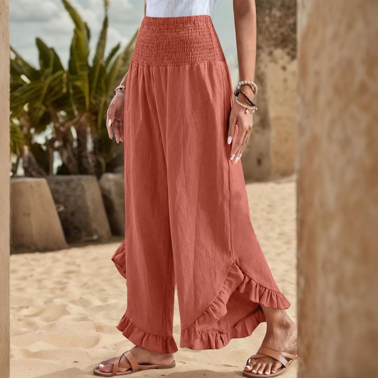 Women Linen Pants Summer Wide Leg Pants Smocked Waist Ruffle Hem Palazzo Pant Boho Flowy Beach Pant with Pocket