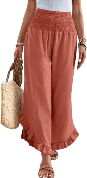 Women Linen Pants Summer Wide Leg Pants Smocked Waist Ruffle Hem Palazzo Pant Boho Flowy Beach Pant with Pocket