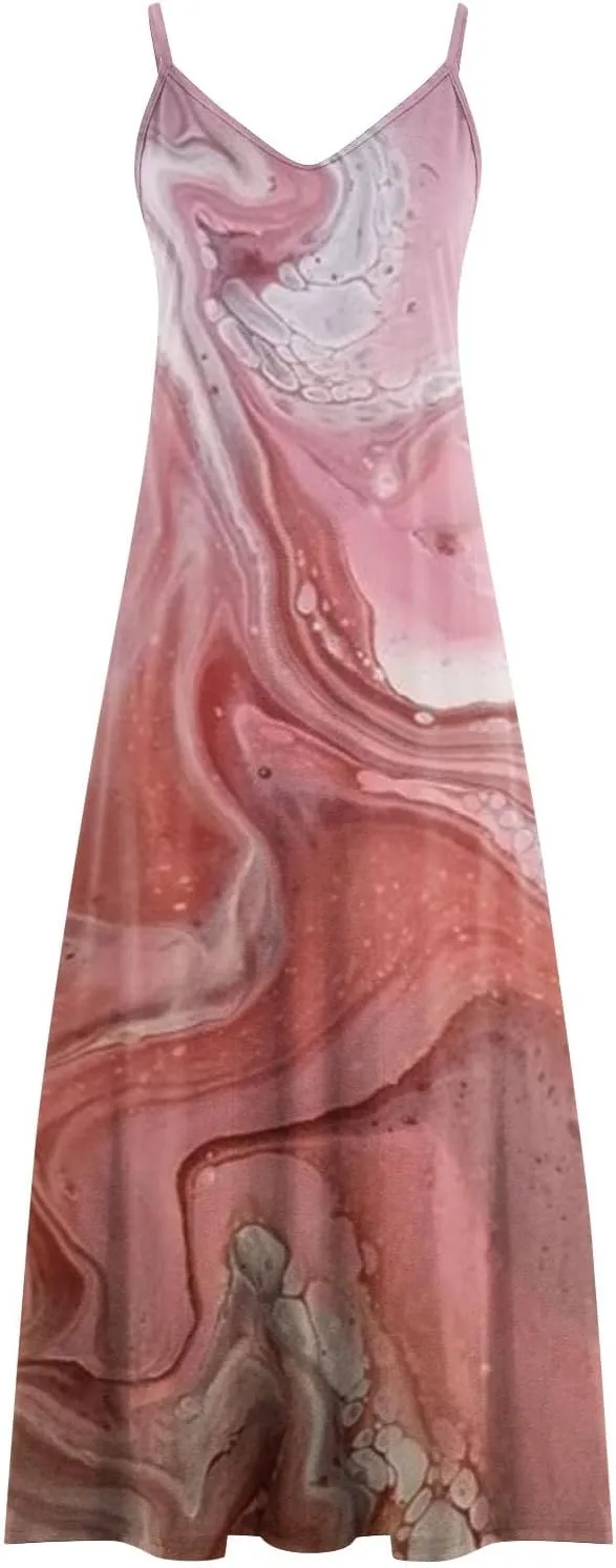 Women Plus Size Sling Dress Summer Boho Printed V Neck Sexy Casual Long Maxi Dress Loose Flowy Swing Dresses