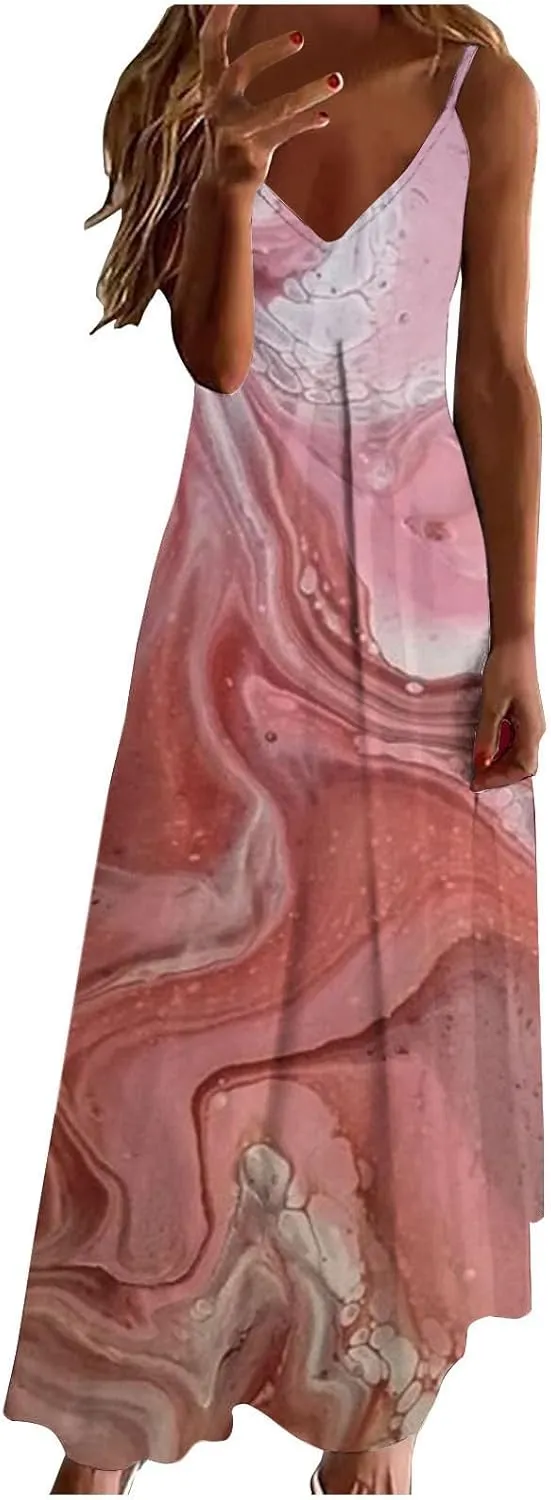 Women Plus Size Sling Dress Summer Boho Printed V Neck Sexy Casual Long Maxi Dress Loose Flowy Swing Dresses