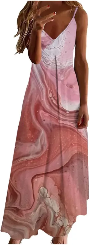 Women Plus Size Sling Dress Summer Boho Printed V Neck Sexy Casual Long Maxi Dress Loose Flowy Swing Dresses