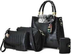 Women Purse Handbag 4pcs Faux Leather Satchel Crocodile Pattern Shoulder Bags Clutch Card Holder